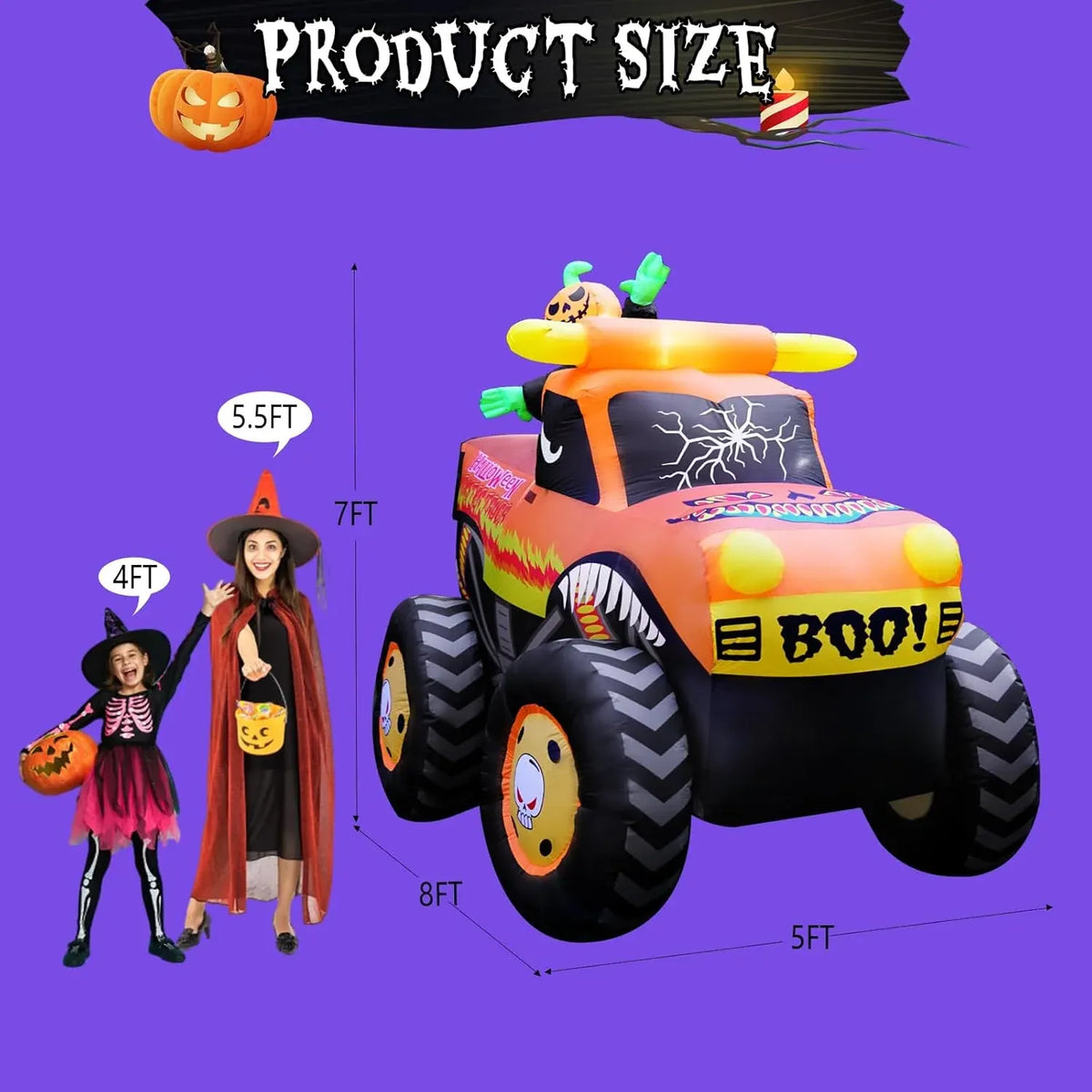 8FT Halloween Inflatable Pumpkin Monster Truck, Inflatable Vehicle Yard Decorations Built-in 8 LED for Halloween Inflatables Outdoor Decoration Home Party Supplies Lawn Halloween Decor