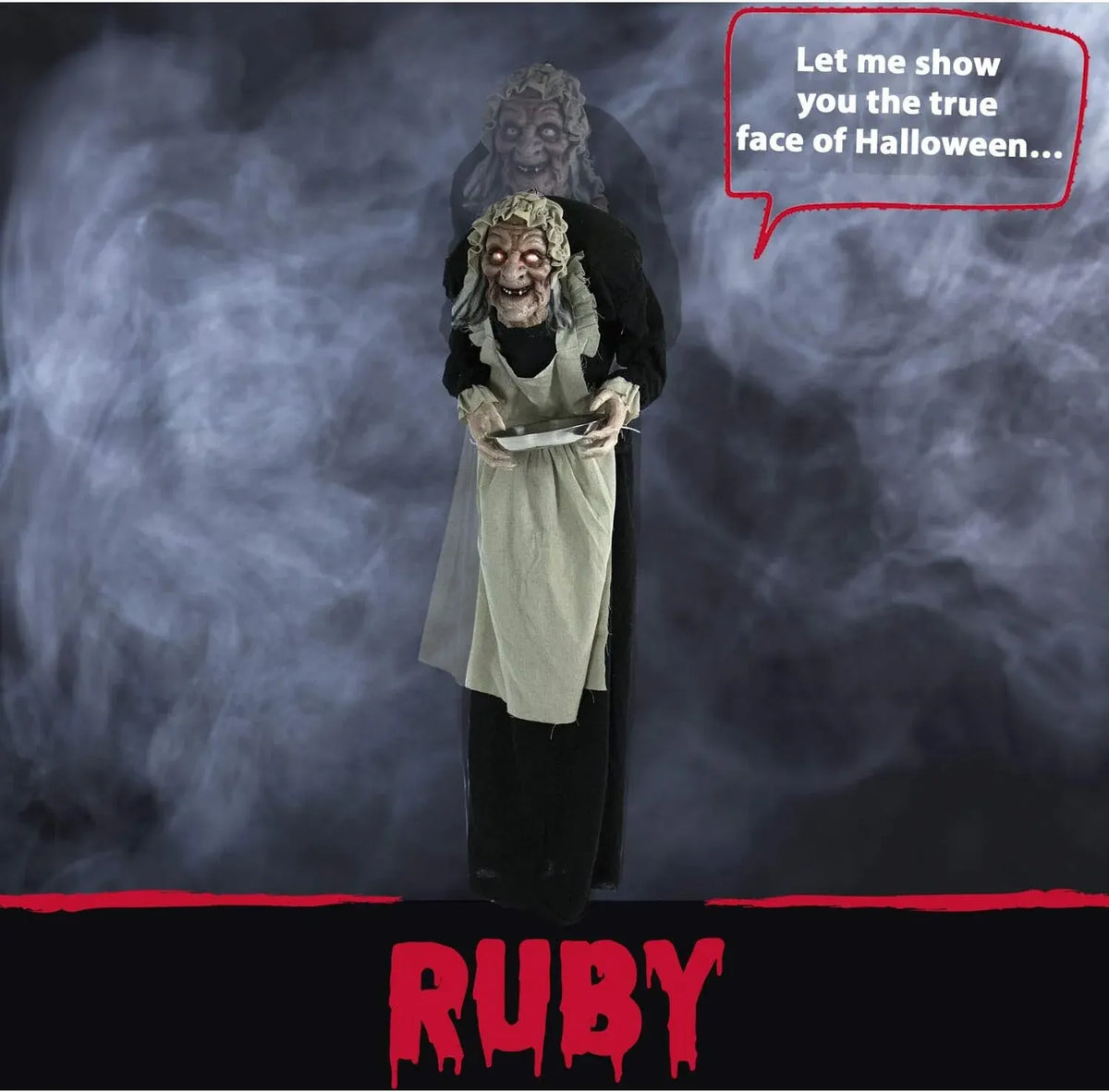 Haunted Hill Farm Life-Size Halloween Animatronic, Scary Talking Zombie Maid with Touch Activated Lights and Sounds, Battery Operated Indoor or Covered Outdoor Halloween Decorations for Home