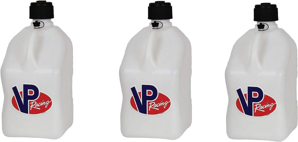 VP Racing Fuels Motorsport 5 Gallon Square Even-Density Plastic Utility Jug White 3 Pack. Features a Close-Trimmed Cap and Neck for Tighter Seal