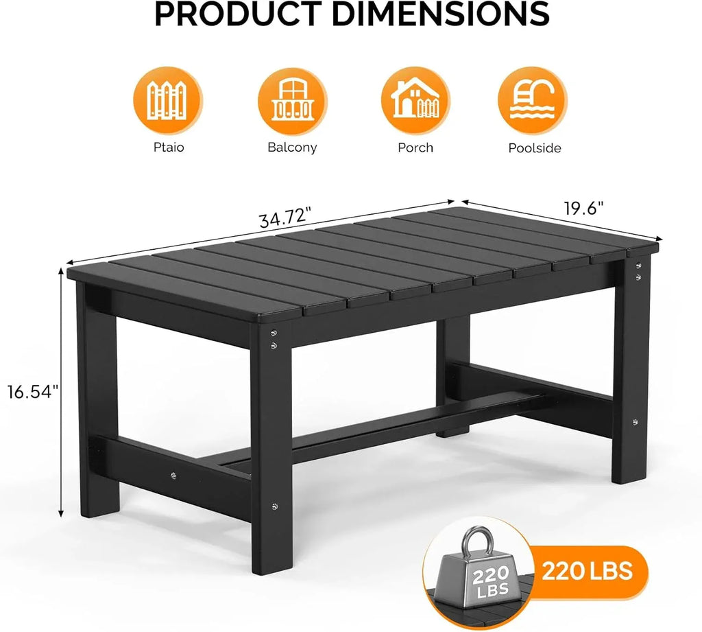 Outdoor Coffee Table, HDPE Patio Coffee Table for Outside, All-Weather Rectangle Coffee Table for Deck, Garden, Balcony, Porch, Indoor & Outdoor Use, Black