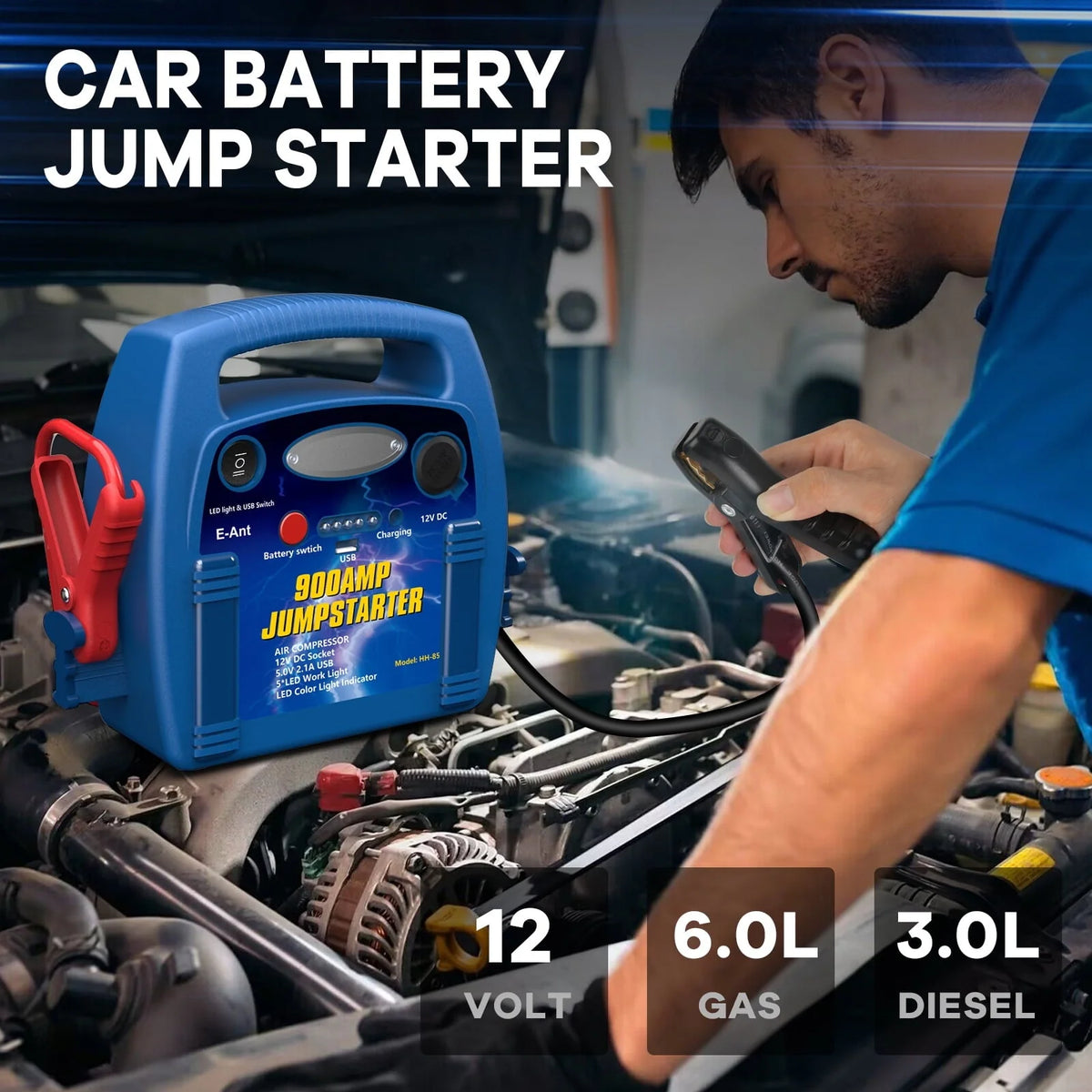 E-Ant Jump Starter with Air Compressor, 900A Peak Jump Starter, 260 PSI Tire Inflator, 12V Battery Jumper Starter Portable, Jumper Cables for Up to 6.0L Gas/4.0L Diesel Engines with DC/USB Ports-Blue