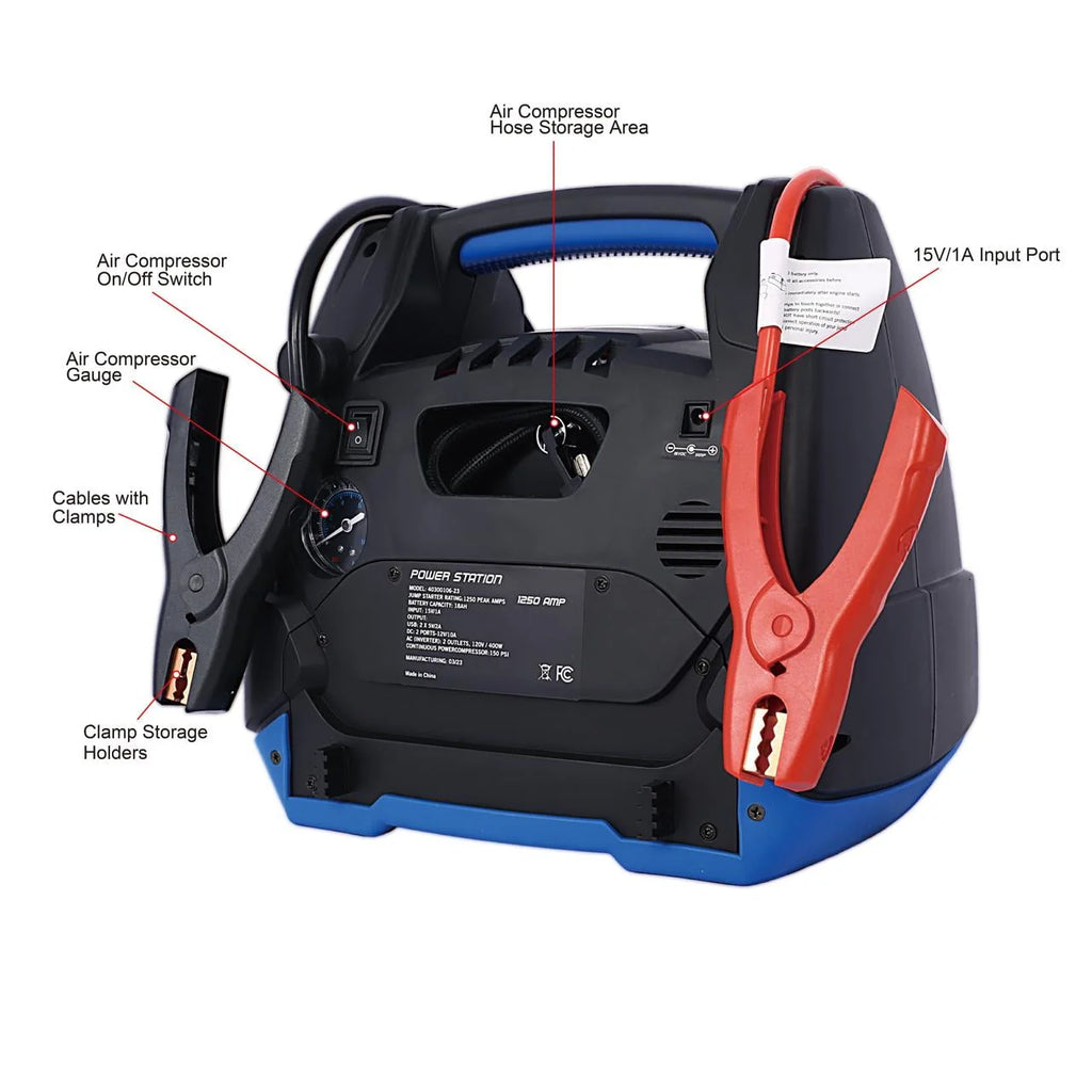 iRerts 1800 Peak Amp Jump Starter, Rechargeable Jump Starter for Gas Diesel Vehicles, Portable Power Station Powerhouse with Air Compressor, 2 DC Outlets, 2 AC Outlets, and 2 USB Ports