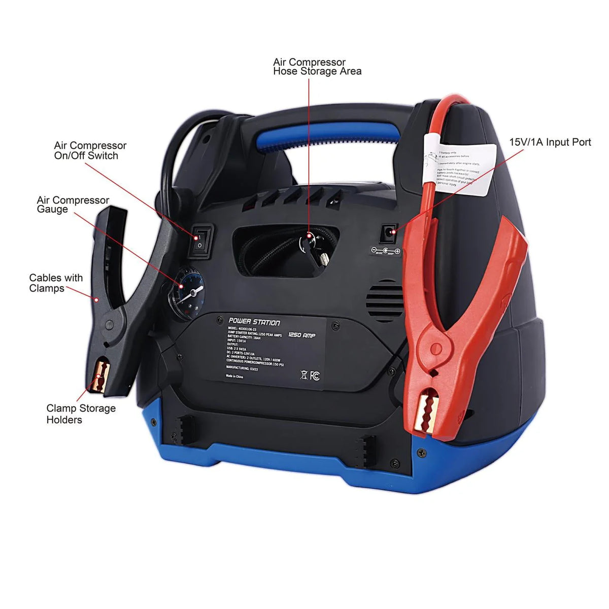 iRerts 1800 Peak Amp Jump Starter, Rechargeable Jump Starter for Gas Diesel Vehicles, Portable Power Station Powerhouse with Air Compressor, 2 DC Outlets, 2 AC Outlets, and 2 USB Ports