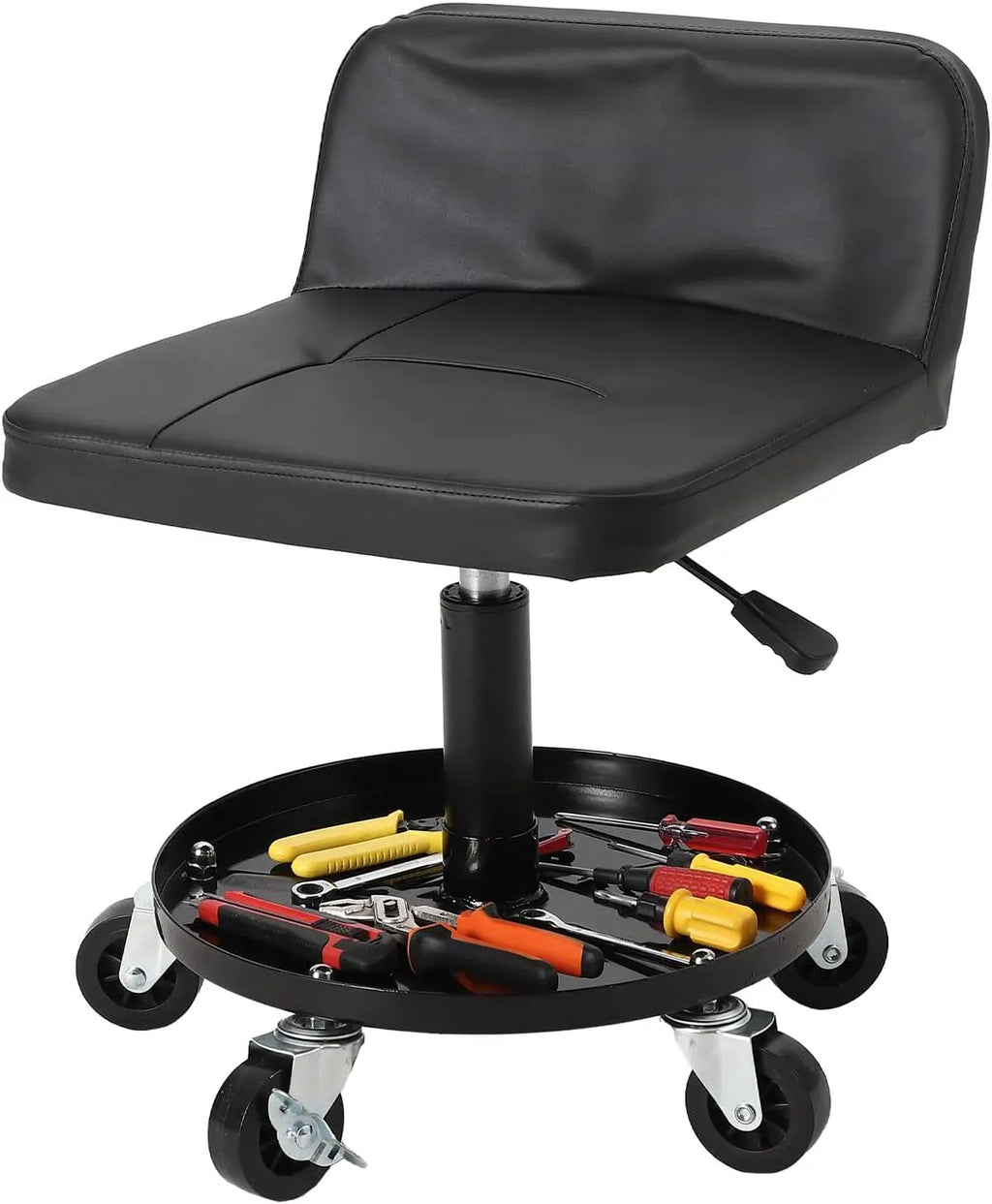 Rolling Shop Stool w/ 3 Locking Swivel Wheels, 300LB Capacity, 18-22 Height Adjustable with Soft Cushion & Tool Tray, Telescoping Mechanic Seat for Garage, Auto Repair, Heavy-Duty, Black