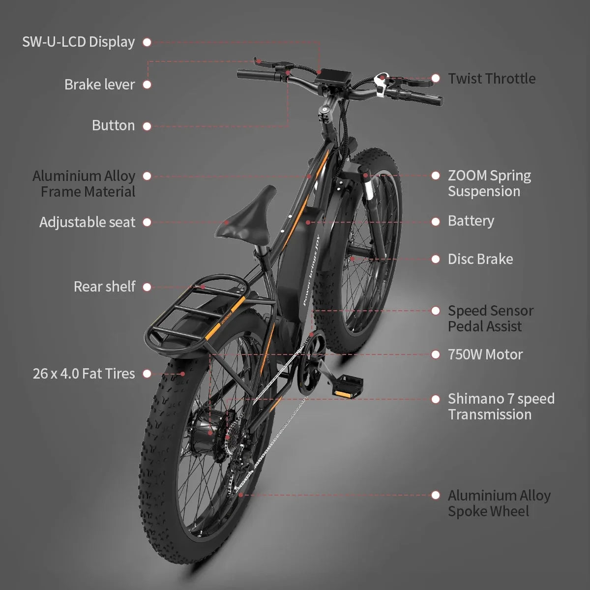 26 In.48V 13Ah 750W Mountain Electric Bikes for Adults Men, 26x4.0 Fat Tire Electric Bicycle 7 speeds Gear Outdoor Ebikes, Black,S48