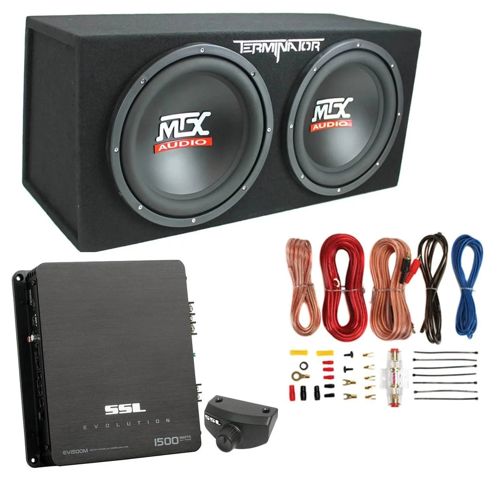 MTX TNE212D 12 1200W Dual Loaded Car Subwoofer Box & SSL 1500W Amplifier w/ Kit