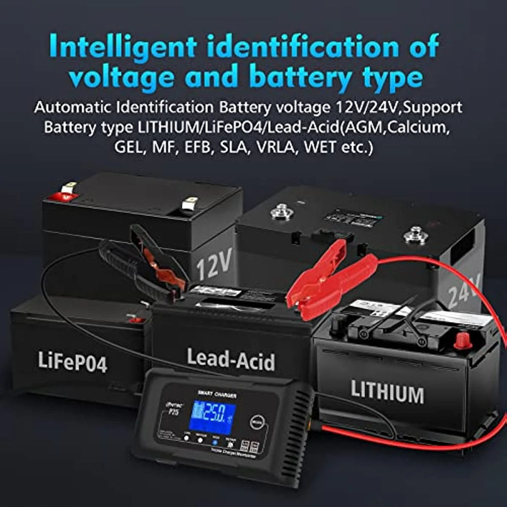 HTRC 25-Amp Smart Battery Charger,Lithium,LiFePO4,Lead-Acid AGM/Gel/SLA.. Car Battery Charger,Trickle Charger, Maintainer/deep Cycle Charger,12V/25A and 24V/13A,for Motorcy,Boat,Lawn Mower,Golf cart..