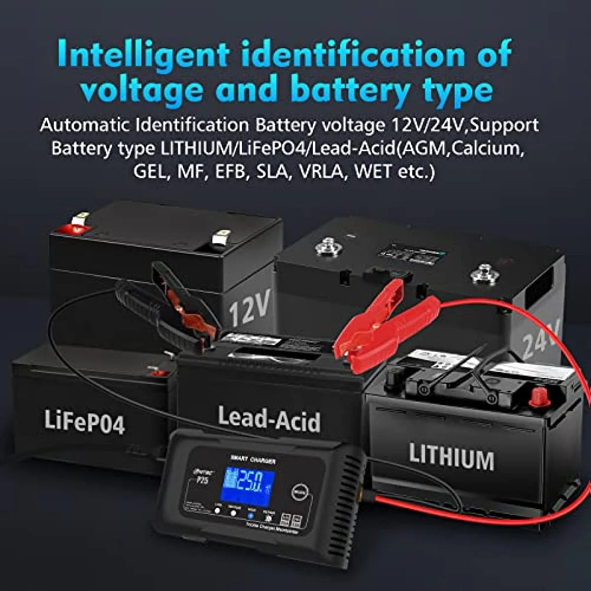 HTRC 25-Amp Smart Battery Charger,Lithium,LiFePO4,Lead-Acid AGM/Gel/SLA.. Car Battery Charger,Trickle Charger, Maintainer/deep Cycle Charger,12V/25A and 24V/13A,for Motorcy,Boat,Lawn Mower,Golf cart..