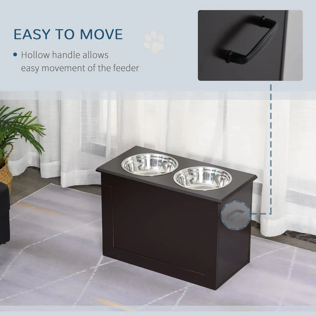 PawHut Raised Pet Feeding Storage Station with 2 Stainless Steel Bowls Base for Large Dogs and Other Large Pets, Coffee