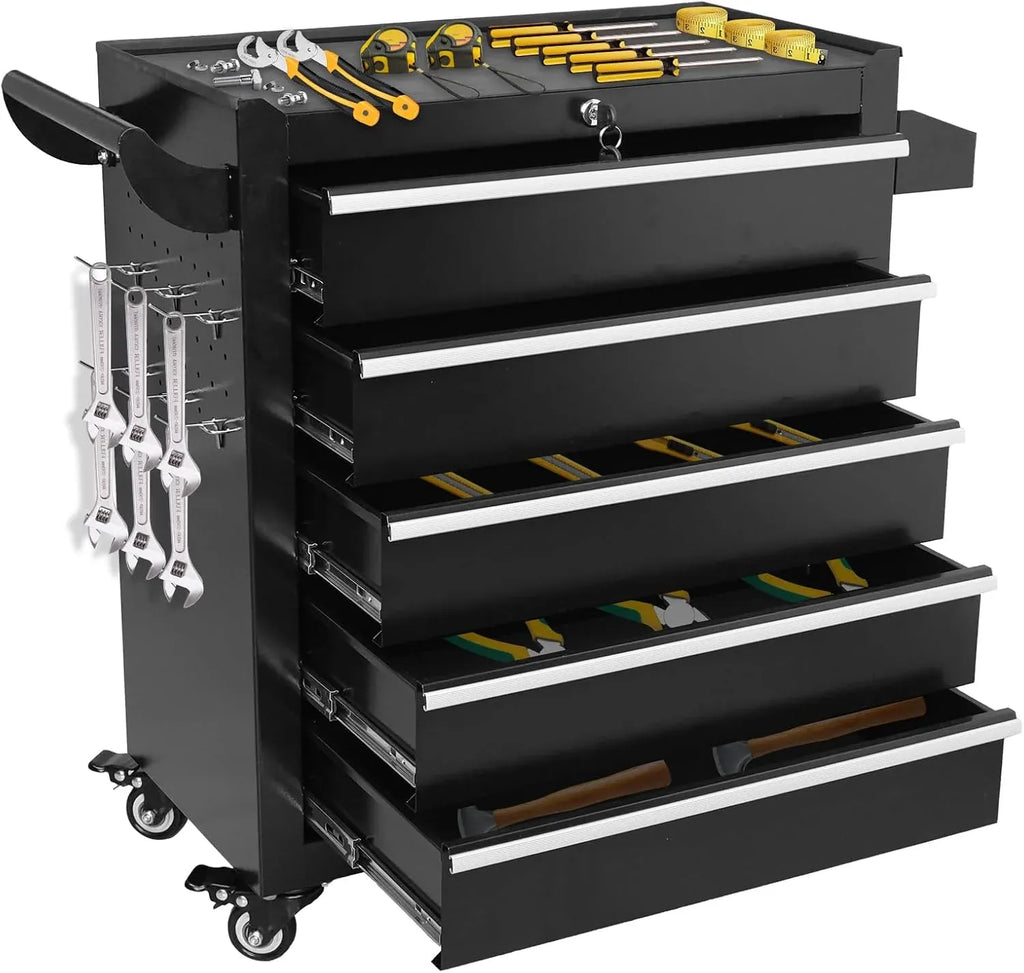 5 Drawers Rolling Tool Chest, Metal Tool Box with Lock Garage Storage Cabinets Sliding Tool Drawer Cart on Wheels Toolbox Organization Workbench for Workshop Warehouse Repair Shop
