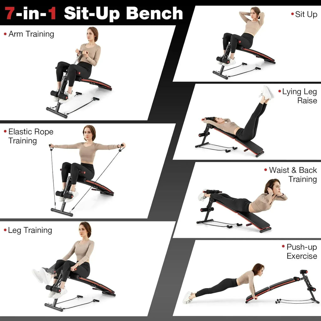 Goplus 7 in 1 Sit up Bench, Foldable Workout Bench w/4 Position Adjustable Height, Multi-Layer Structure Cushion & 2 Elastic Ropes, Workout Equipment for Home Gym Fitness, 330 LBS