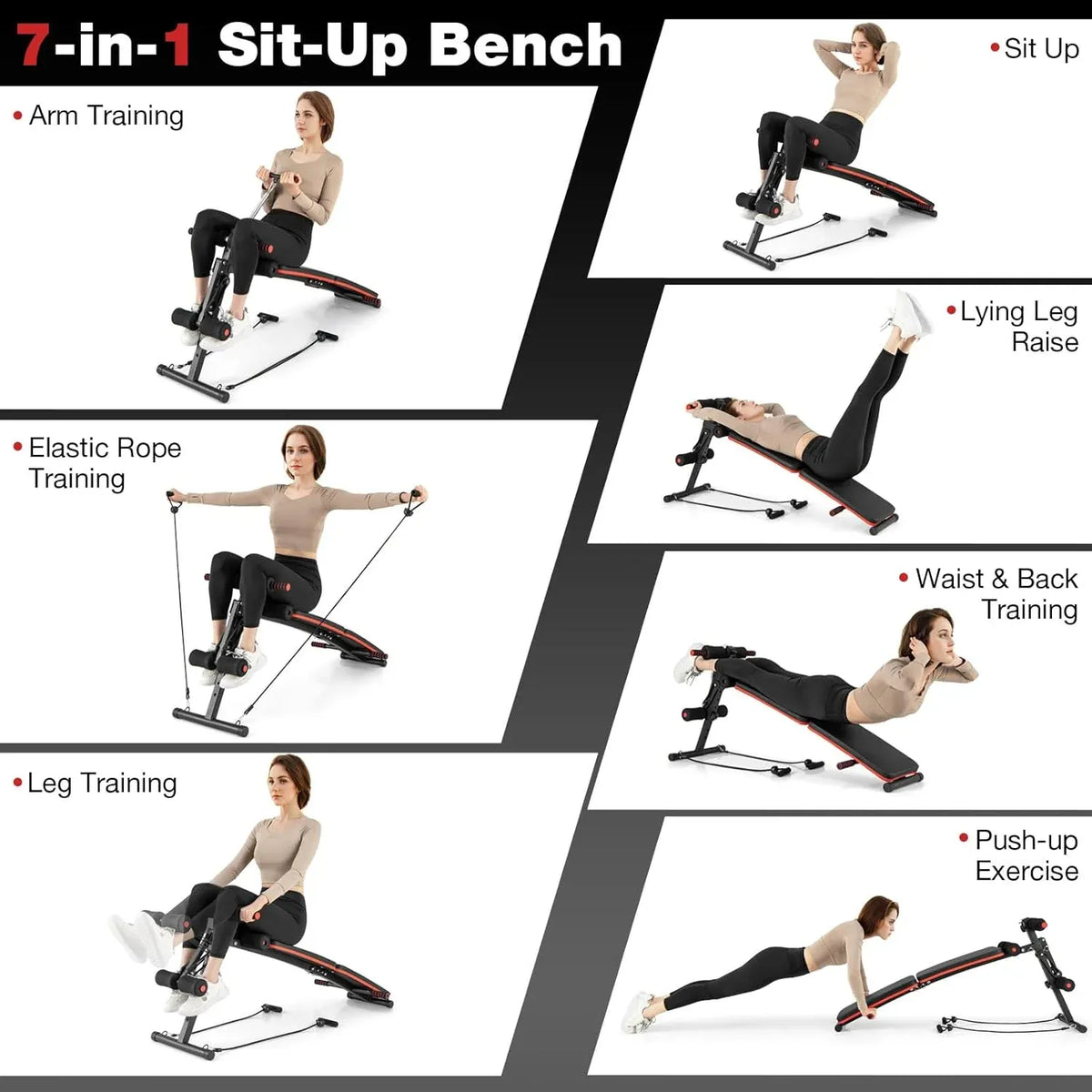 Goplus 7 in 1 Sit up Bench, Foldable Workout Bench w/4 Position Adjustable Height, Multi-Layer Structure Cushion & 2 Elastic Ropes, Workout Equipment for Home Gym Fitness, 330 LBS