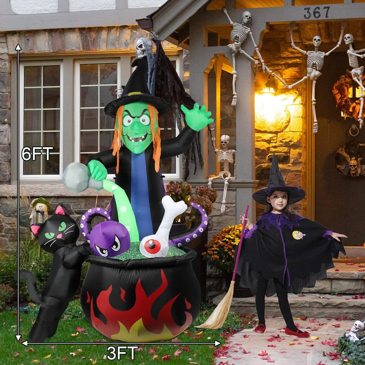 Halloween Inflatable Witch with Cauldron Pot 6FT Halloween Blow Up Inflatables Outdoor Decorations with Build-in LEDs for Home Yard Lawn Garde