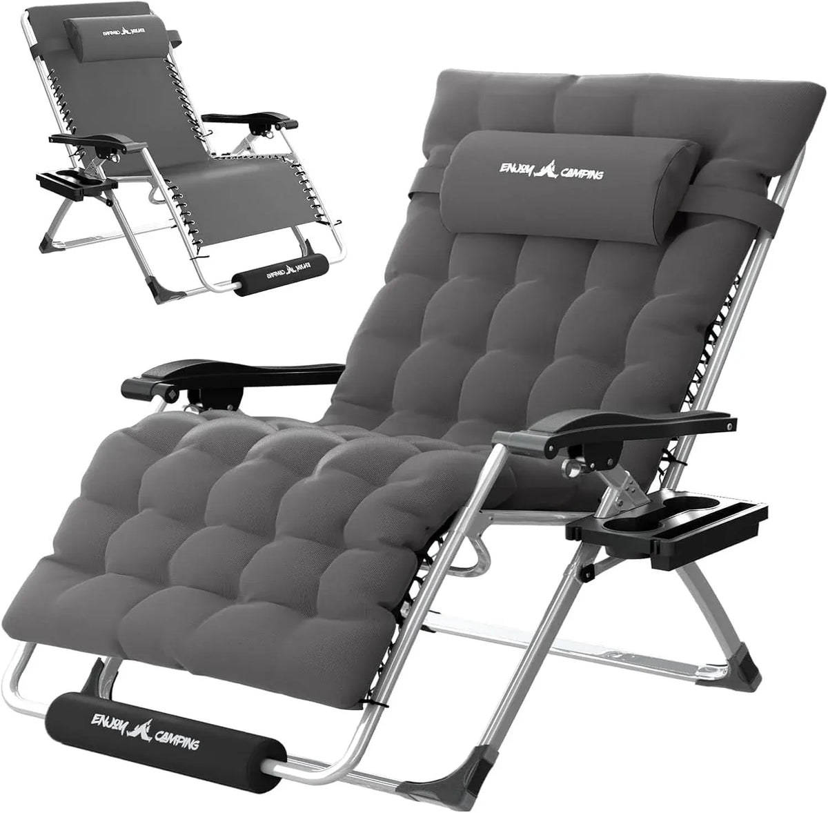 Amopatio Oversized Zero Gravity Chair with Cushion, XL Folding Outdoor Lounge Reclining Patio Chair with Tray/Footrest/Headrest for Camping Sunbathing Relaxing