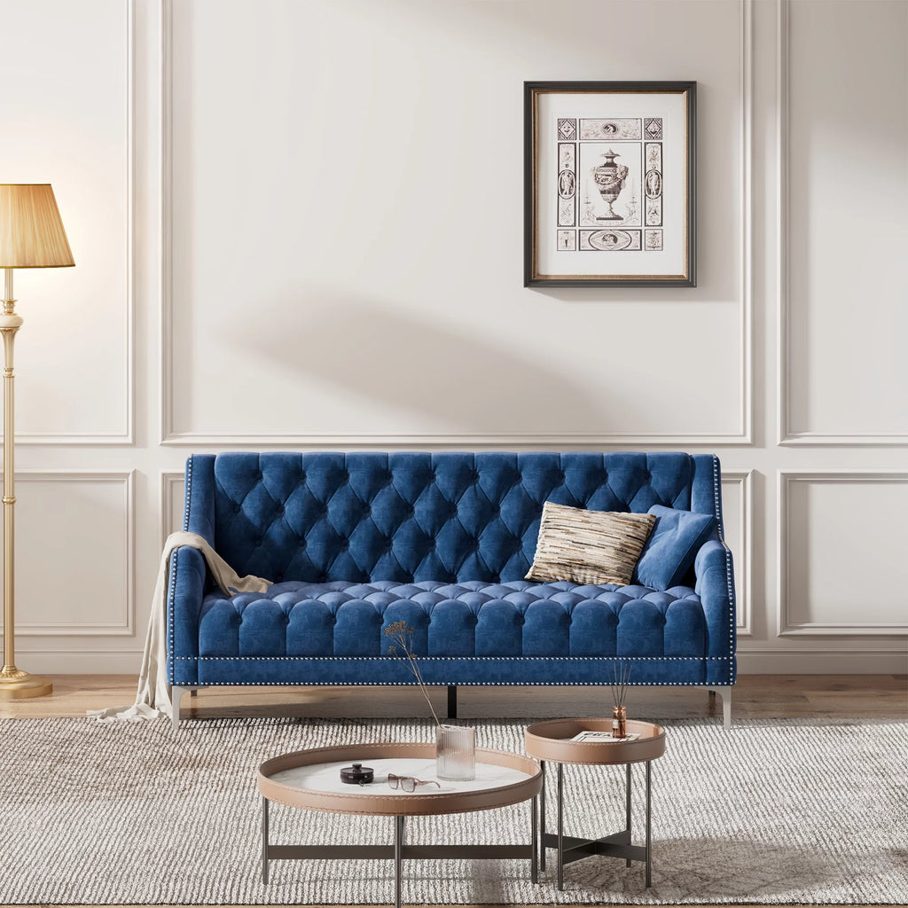 78 Modern Sofa Dutch Plush Upholstered Sofa with Metal Legs, Button Tufted Back Blue