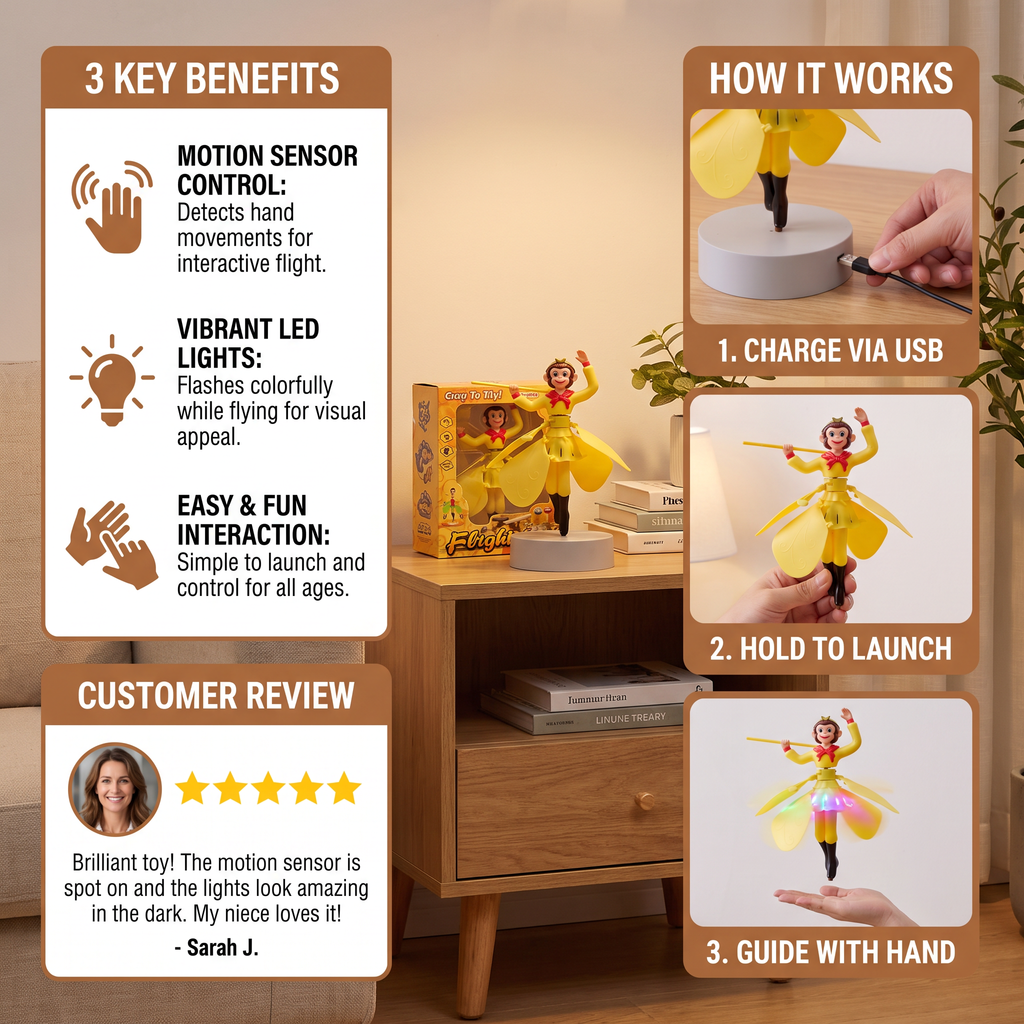 Floating Monkey Toy with Motion Sensor and LED Lights for Indoor Play