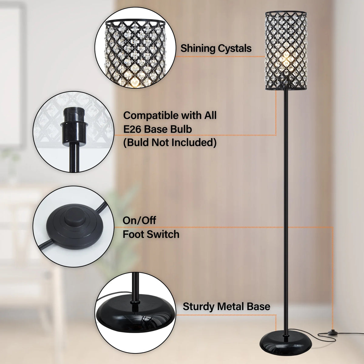 Natyswan Crystal Floor Lamp, Modern Black Floor Lamp with on/off Foot Switch,Tall Pole Accent Lighting for Living Room, Girl Bedroom, Dresser, Office