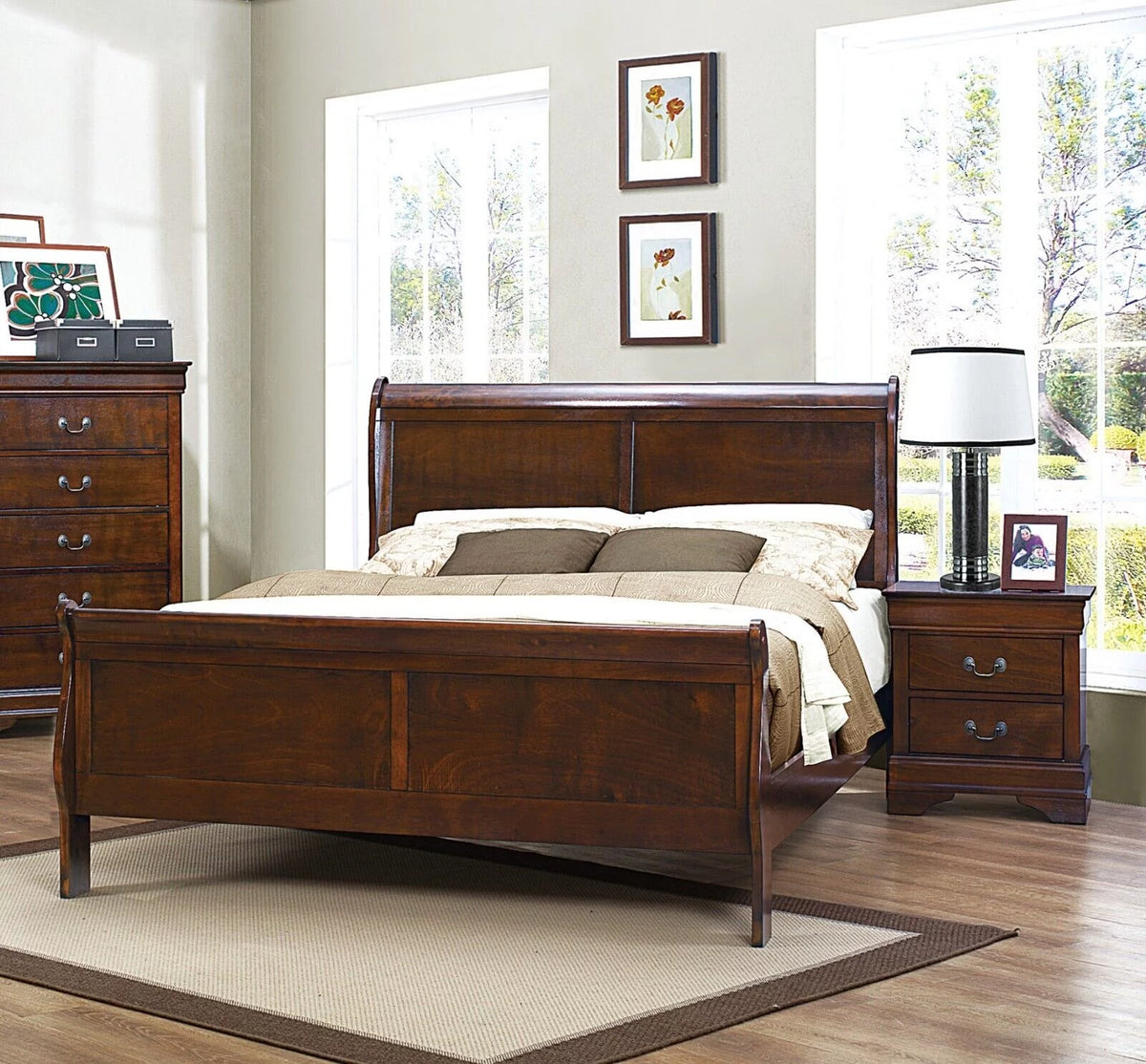 Louis Philippe Style Bedroom 3pc Set Queen Size Bed 2x Nightstands Brown Cherry Finish Classic Bedroom Furniture