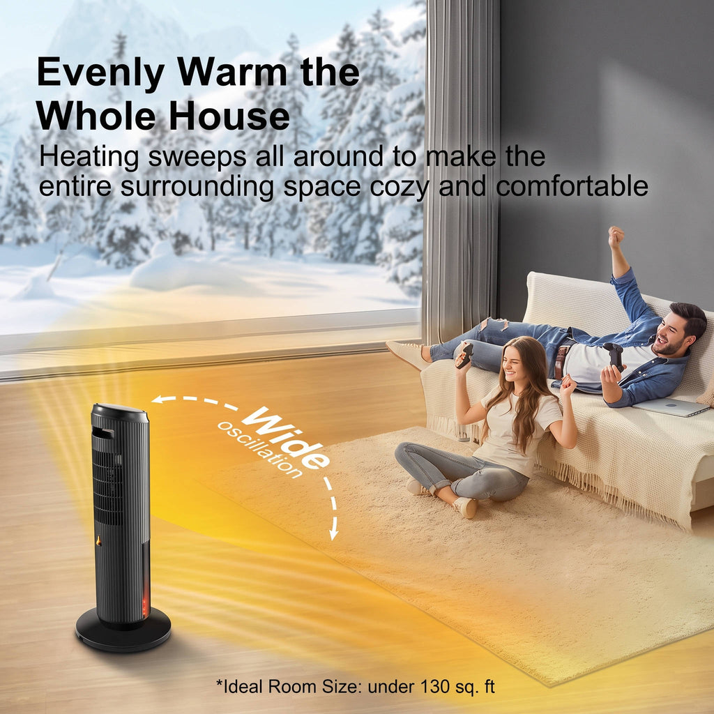 27 inches Ceramic Tower Space Heater, Electric Heater for Large Rooms with 3D Flame, Oscillation and Remote Control