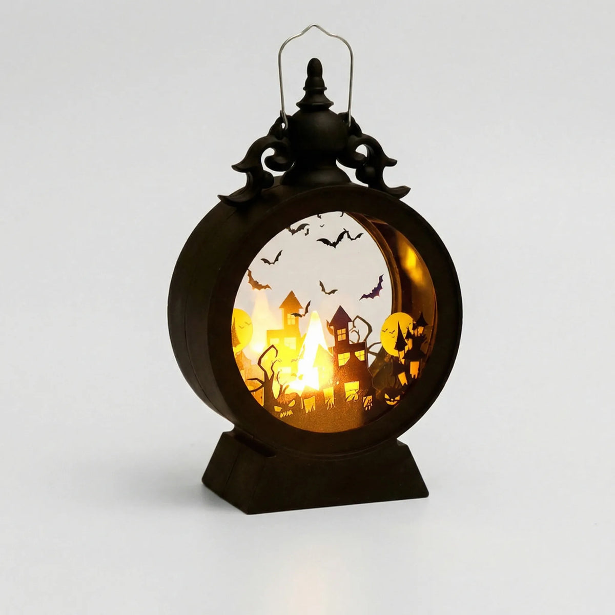 Halloween LED Lantern with Gothic Window and Silhouette Cutouts