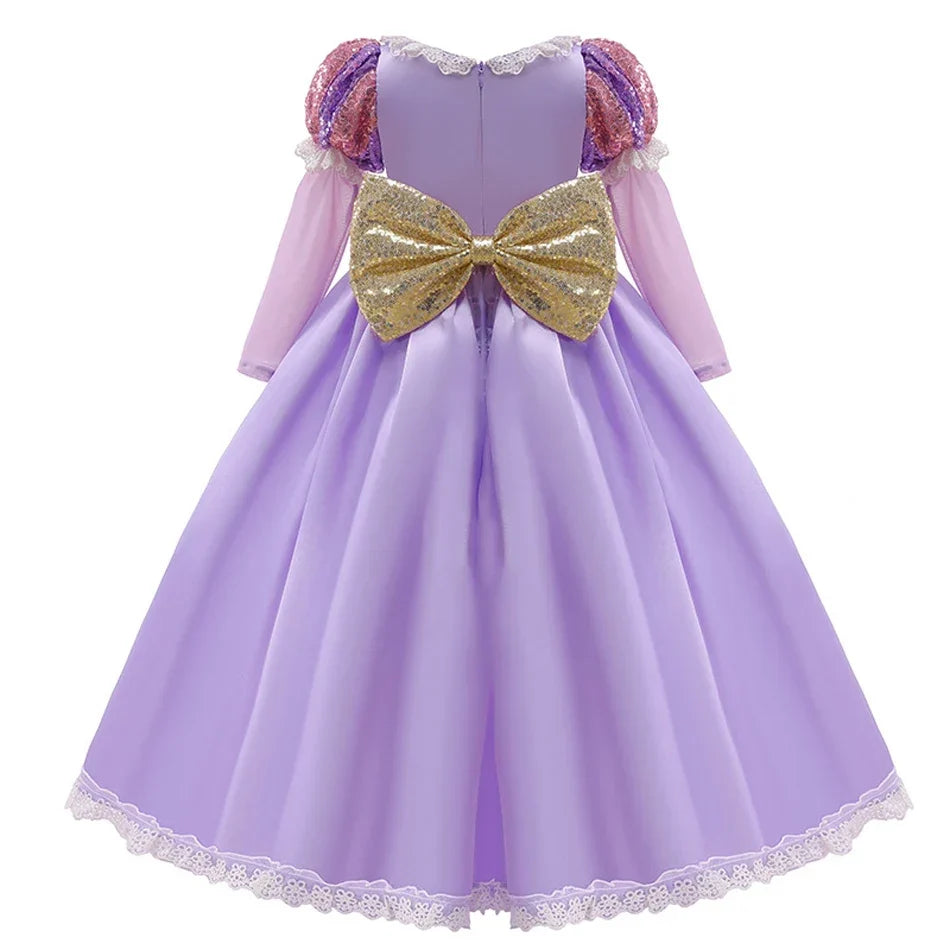 Girls Ball Gown Dress with Puff Sleeves and Applique Detailing, Mid Calf Length