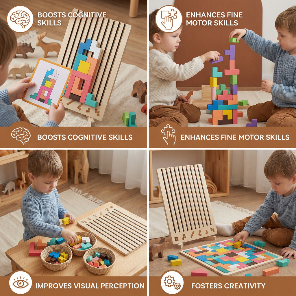 Geometric Shape Puzzle Board with Wooden Pieces and Educational Play for Kids