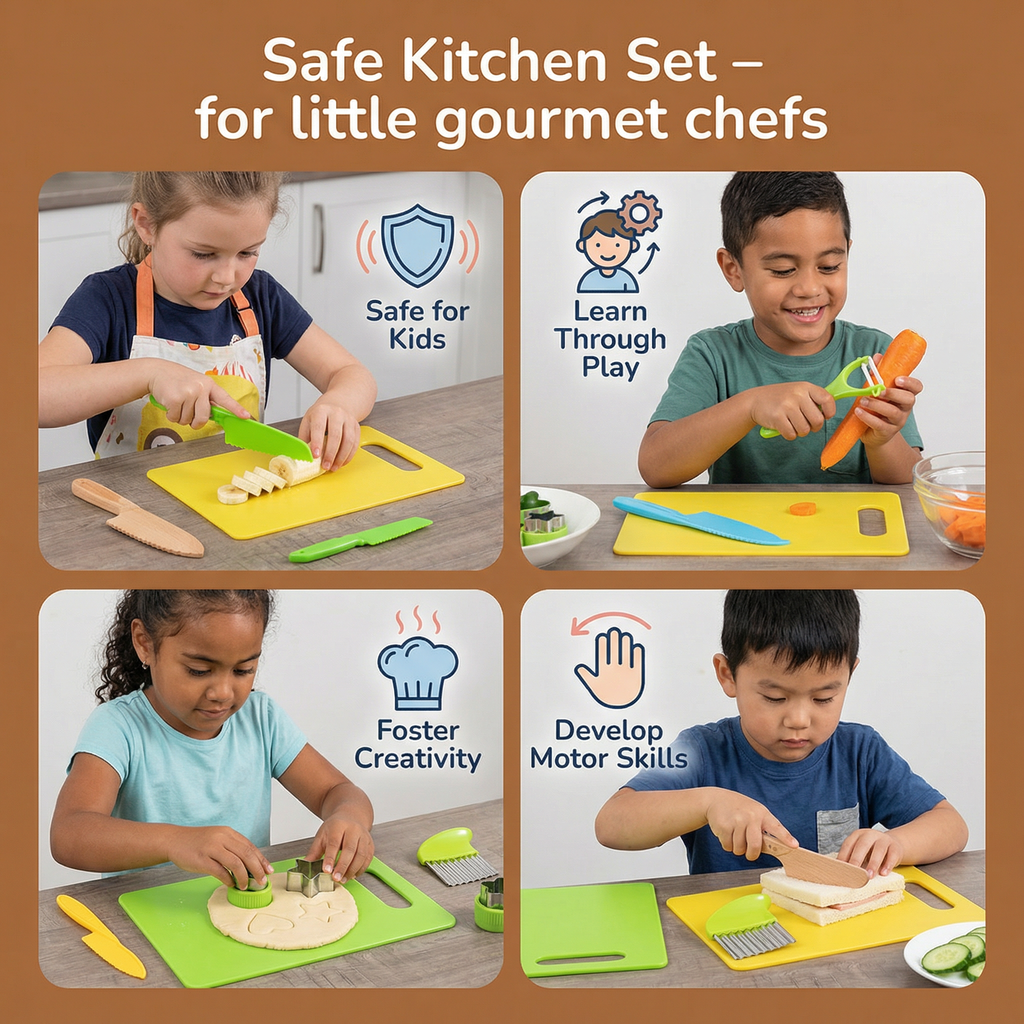 Childrens Play Kitchen Tool Set with Easy Grip Handles and Pretend Cooking Accessories