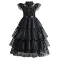 Girls Black Layered Cake Gown with Mesh Details and Mid Calf Length