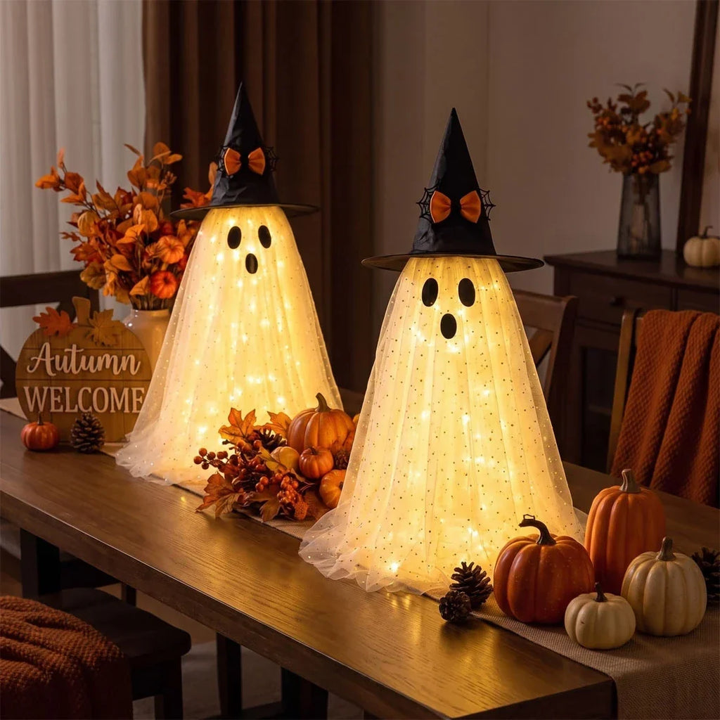 Battery Powered Ghost Decoration with Sparkly Tulle and Witch Hat, 23 Inches