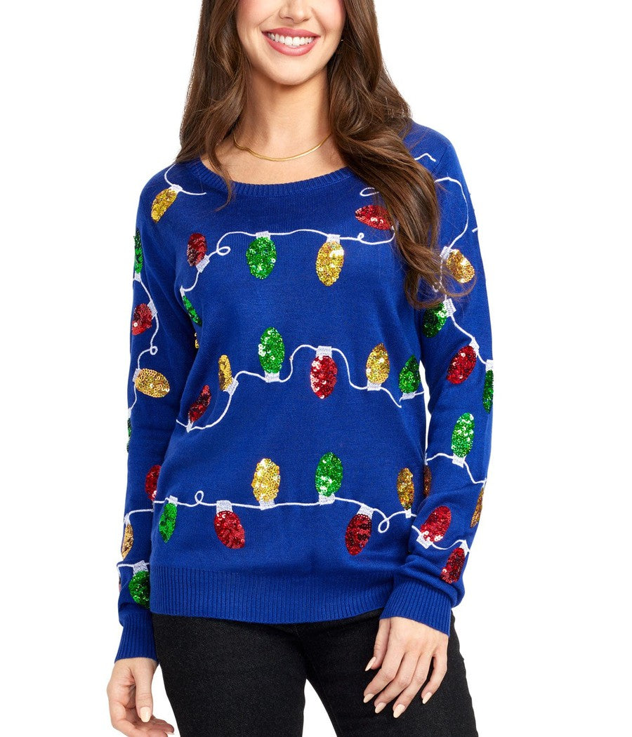 Blue Sweater with Colorful Holiday Lights and Trees Design