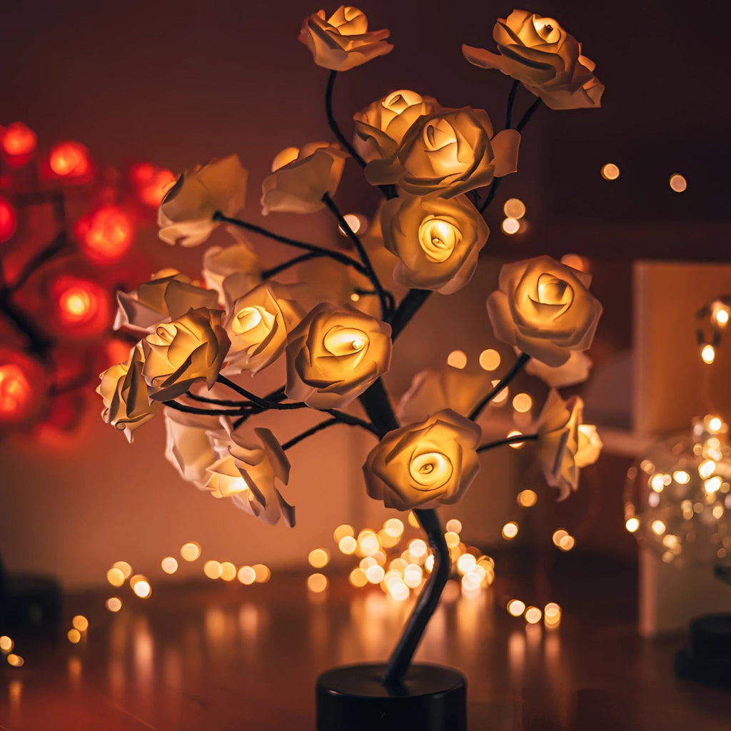 Acrylic Rose Lamp with LED Warm Lighting and Metal Base, Red Beige Blue Purple