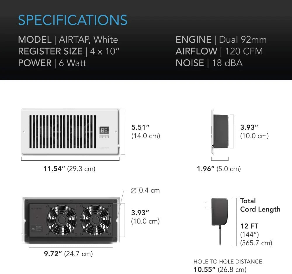 AC Infinity AIRTAP T4�� Quiet Register Booster Fan with Thermostat Control. Heating Cooling AC Vent. Fits 4�� x 10�� Register Holes.