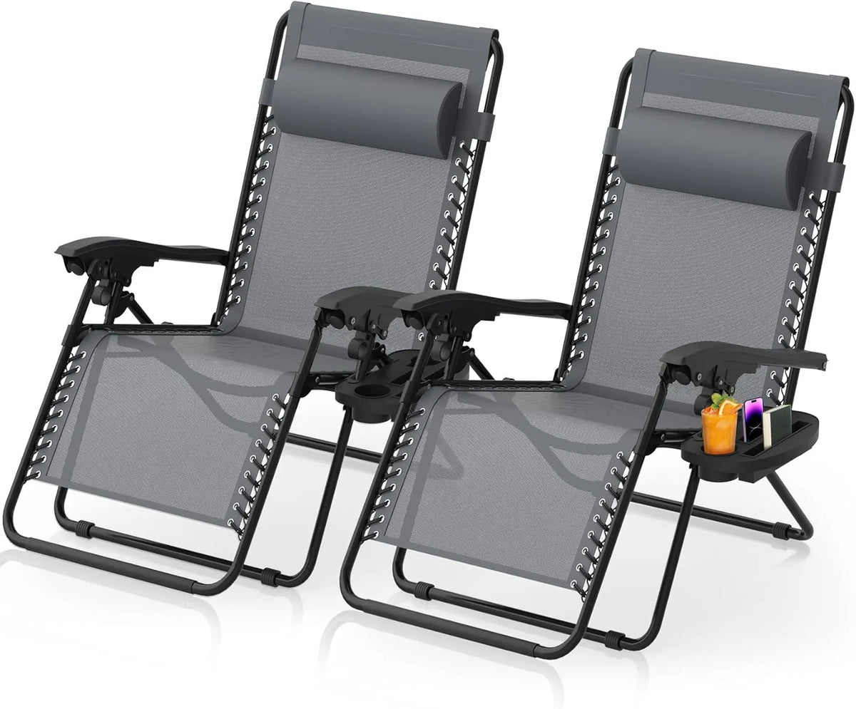 Zero Gravity Chairs Set of 2, Zero Gravity Lounge Chair w/Upgraded Lock, Big Cup Holder and Pillow, Reclining Patio Chairs Folding Recliner for Indoor and Outdoor