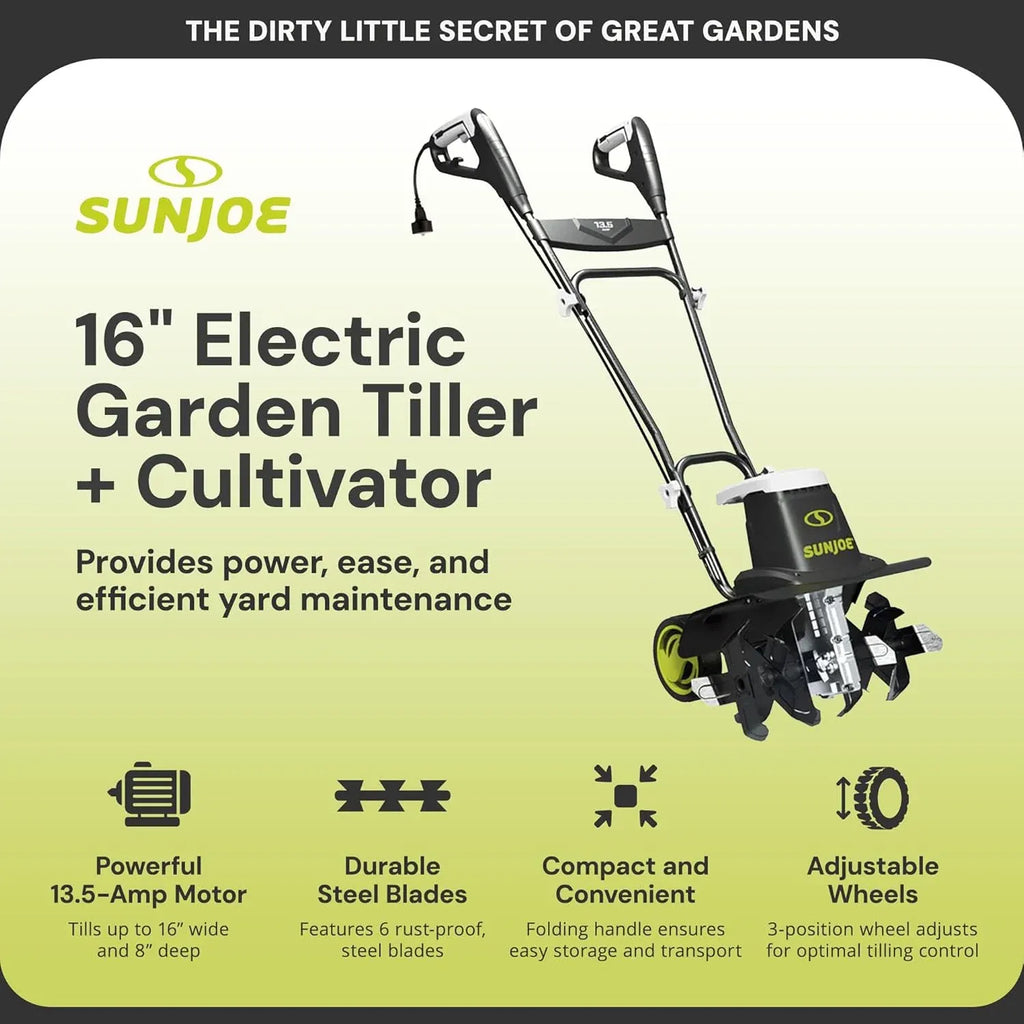 Sun Joe Electric Corded Garden Tiller & Cultivator, Steel Tines, 13.5 Amp, 16 Inch, Black - Heavy Duty Gardening Machine Equipment for Lawn, Yard, & Grass, TJ604E