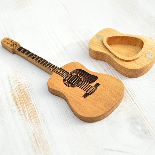 Engraved Guitar Pick Box with Oak Stand and Three Picks, Personalized Keepsake