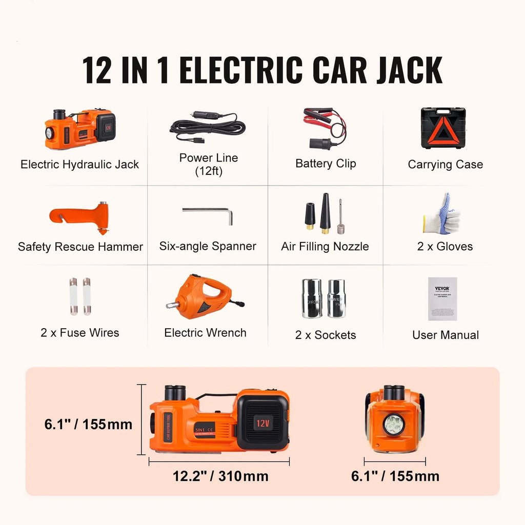 VEVOR Electric Car Jack, 5 Ton 12V Electric Hydraulic Car Jack with Impact Wrench Inflator Pump for SUV Sedans