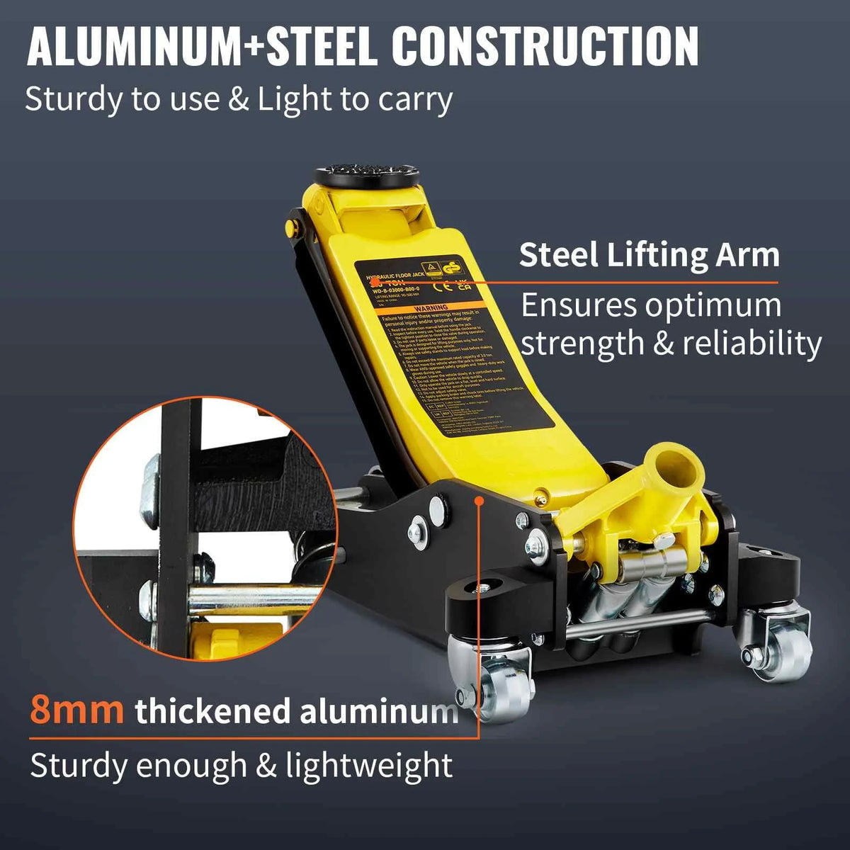 BENTISM Low Profile Floor Jack 3 Ton (6600 lbs), Aluminum and Steel Hydraulic Racing Floor Jack, Dual Piston Quick Lift Pump, 19-11/16-3-6/11 Height Lifting Range, Yellow+Black