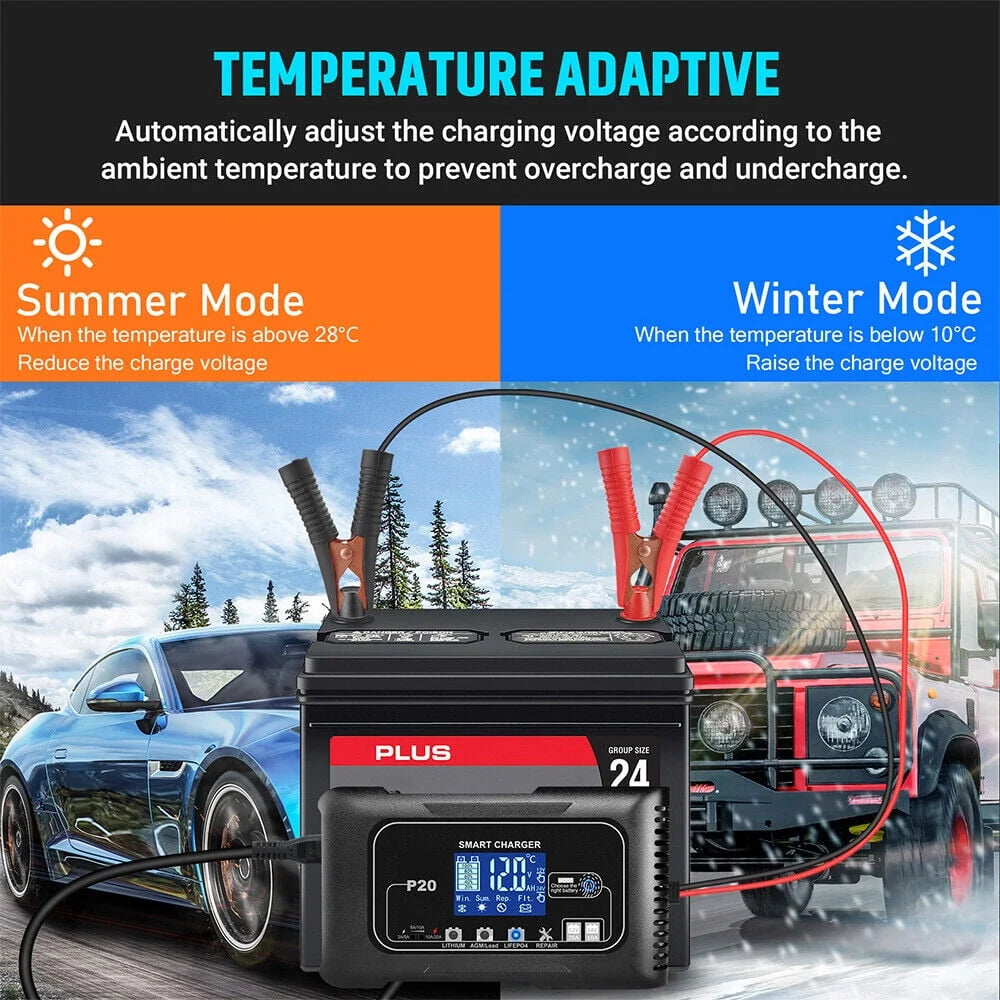 KingFurt Automatic Battery Charger - Intelligent 12V/24V Charging, LCD Display, 20A Amp, All-in-One Solution for Cars, RVs, Trucks