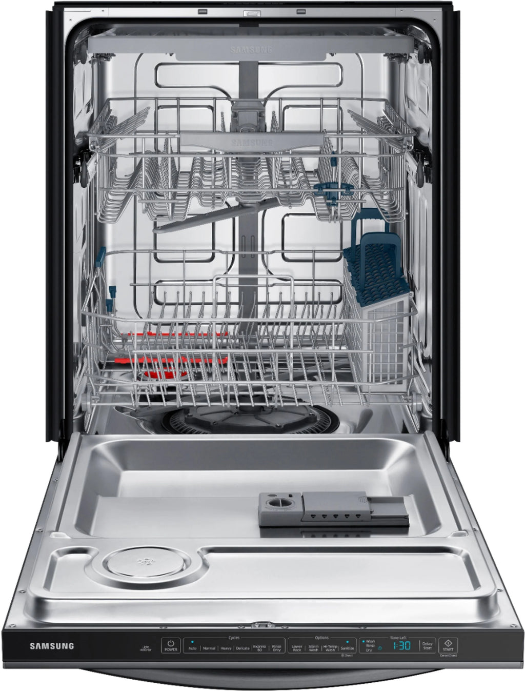 Samsung - StormWash 24 Top Control Built-In Dishwasher with AutoRelease Dry, 3rd Rack, 48 dBA - Black stainless steel