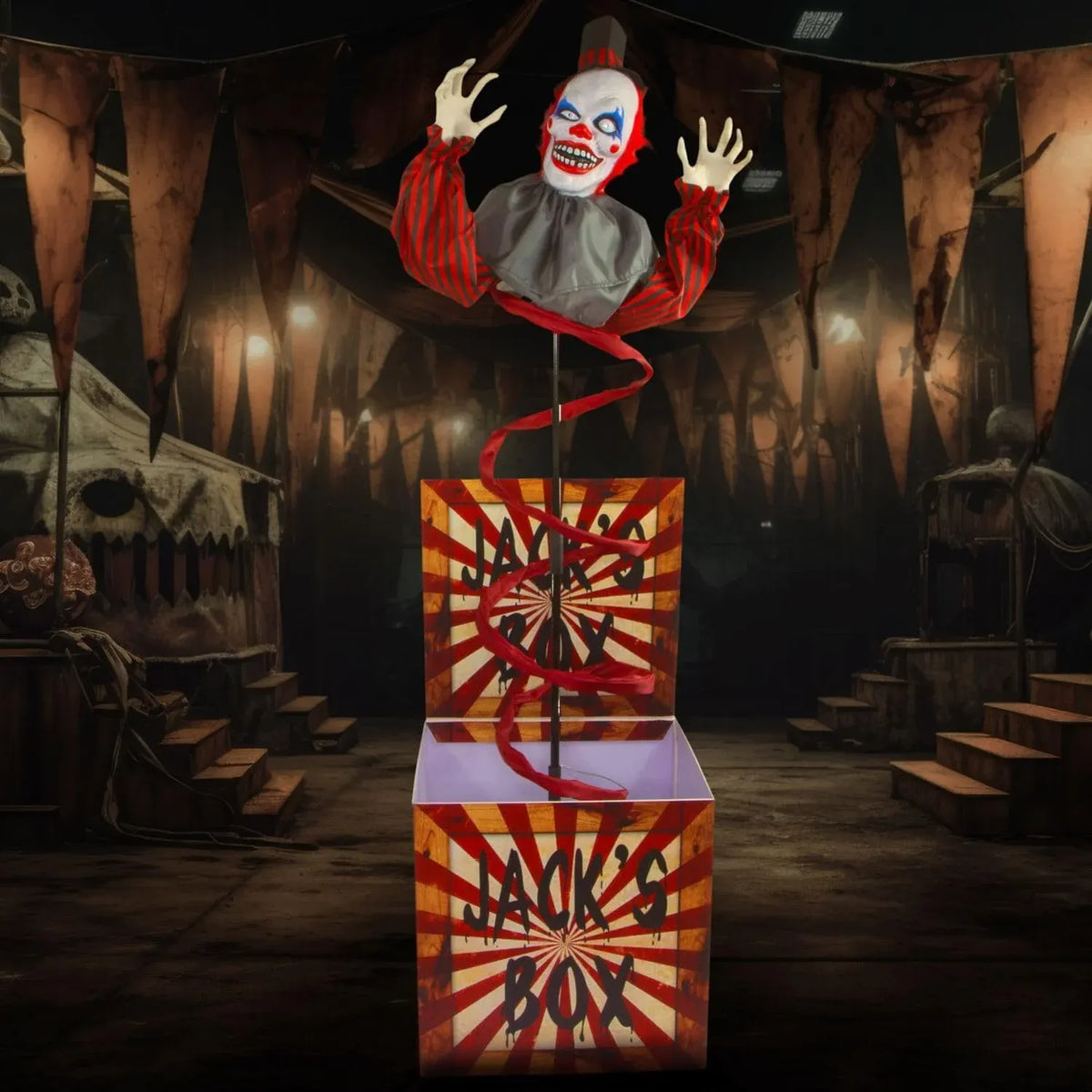 Haunted Hill Farm Life-Size Talking Clown Jack in The Box, Halloween Animatronic with Motion and Touch Activated Lights and Sounds, Battery Operated Indoor or Covered Outdoor Halloween Decorations