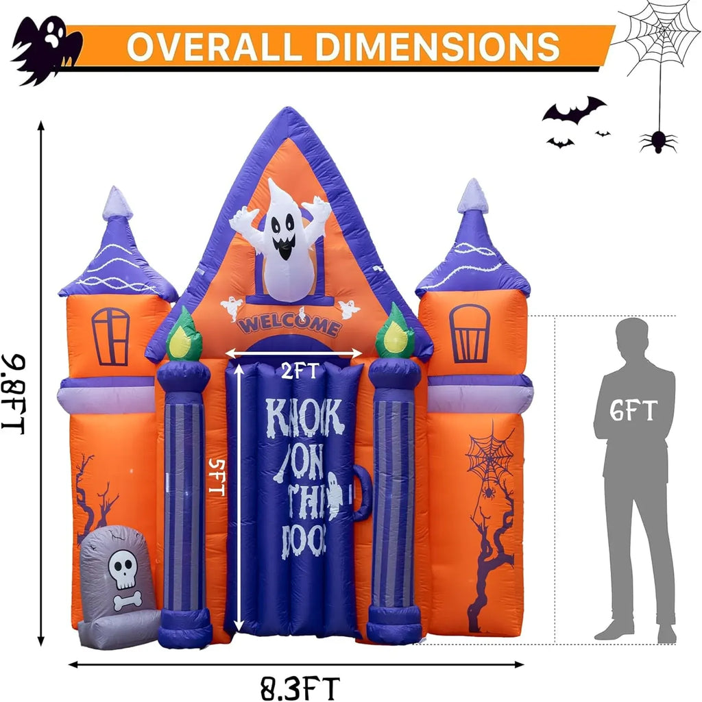 Halloween Inflatables10FT Castle Haunted House Arch Archway with Ghost Tombstone Removable Air Blower Bright LED Light - Cute Hoiday Outdoor Yard Lawn Garden Party Decorations