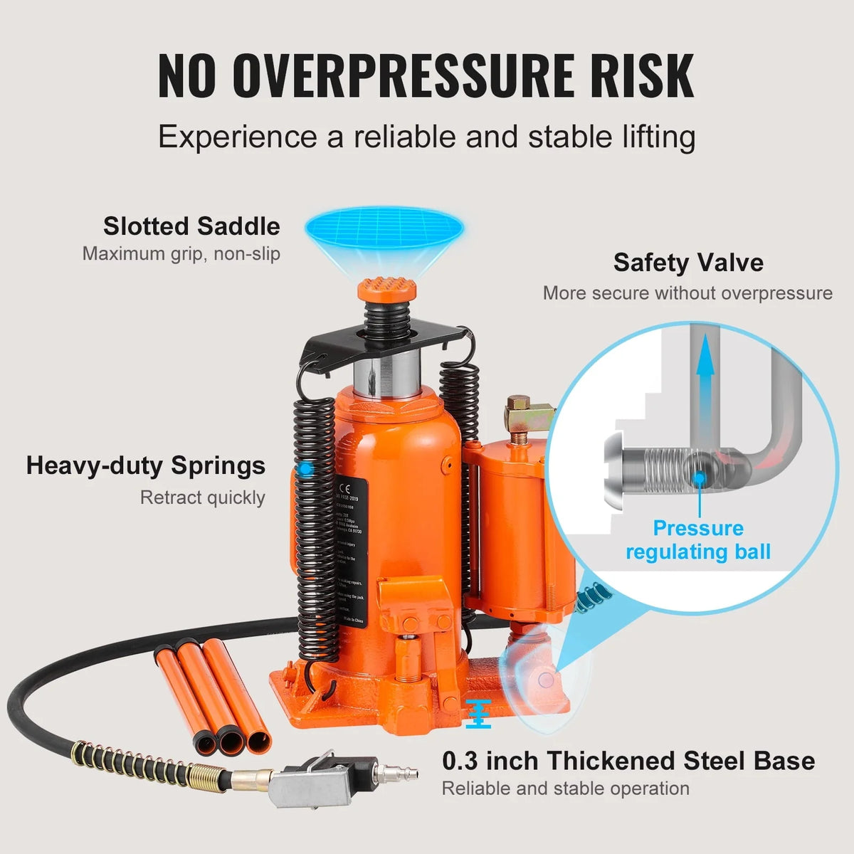 SKYSHALO Air Hydraulic Bottle Jack, 20 Ton Capacity, for High-Lift Automotive Repair in Car Shops