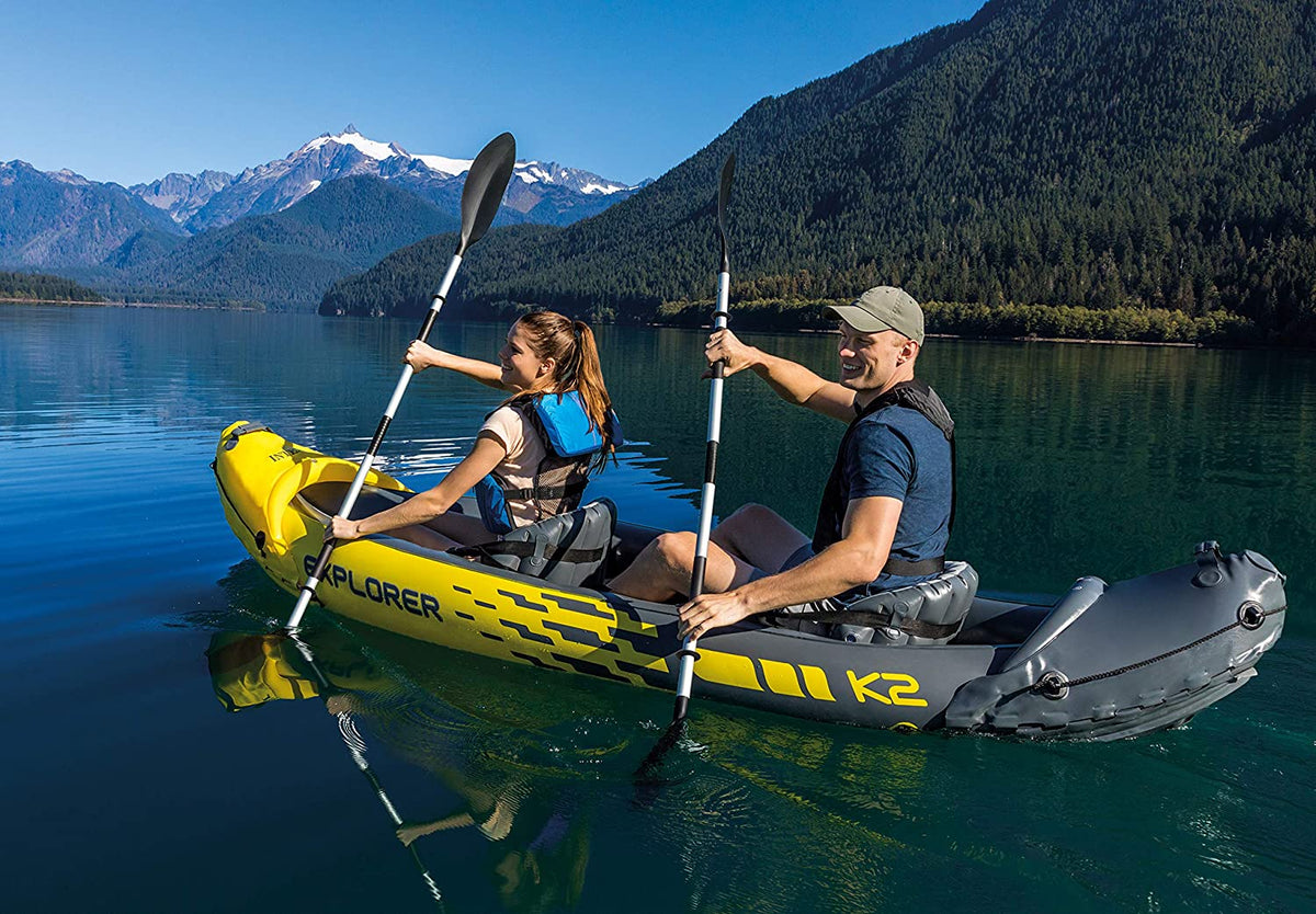 Explorer K2 Kayak， 2-Person Inflatable Kayak Set with Aluminum Oars and High Output Air Pump