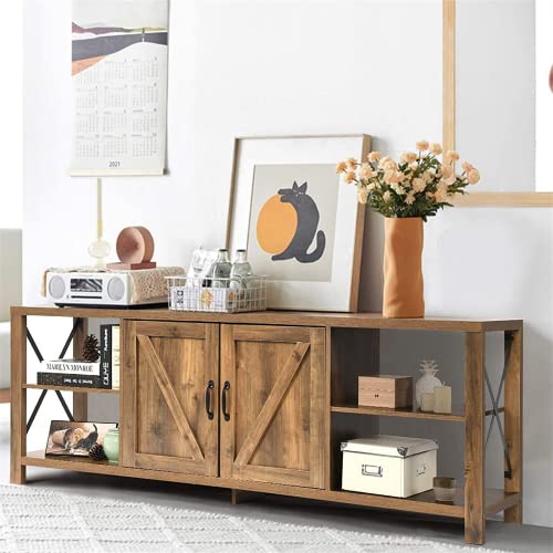 70 Inch TV Stand for 75 Inch TV Entertainment Center Farmhouse, Modern Barn Door TV Console Table with Storage Cabinets and Shelves for TVs Up to 75, Rustic Gray Wash
