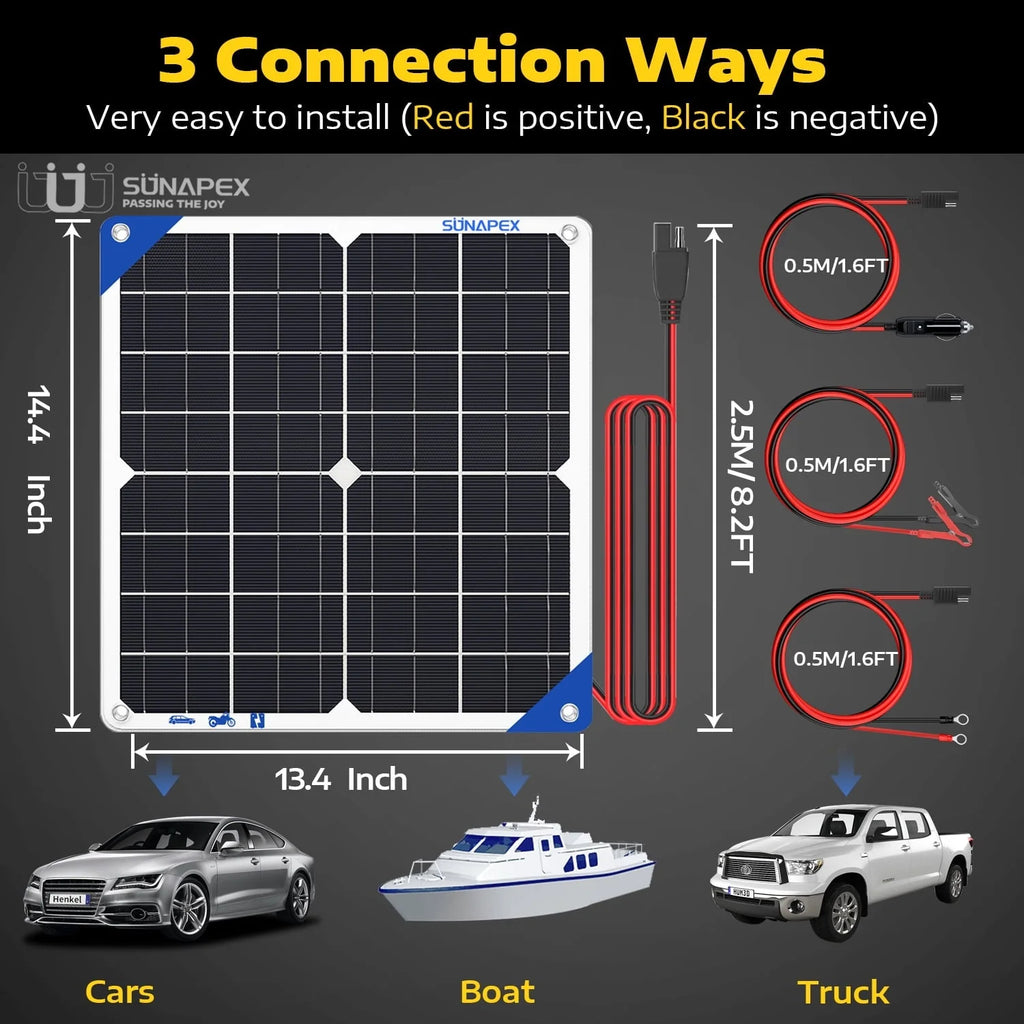 SUNAPEX Solar Battery Charger Maintainer 12 Volt Waterproof Solar Panel Charger 20W Solar Trickle Charger for Car Truck Boat RV Motorcycle Marine Tractor Battery
