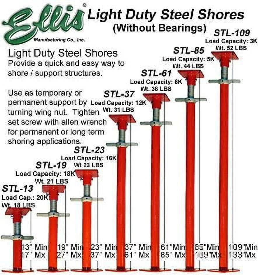 Ellis Manufacturing Company - Light Duty Steel Shores & Jack Post - 13 - 17 Adjustment Range - 20,000 lb Safe Load Capacity