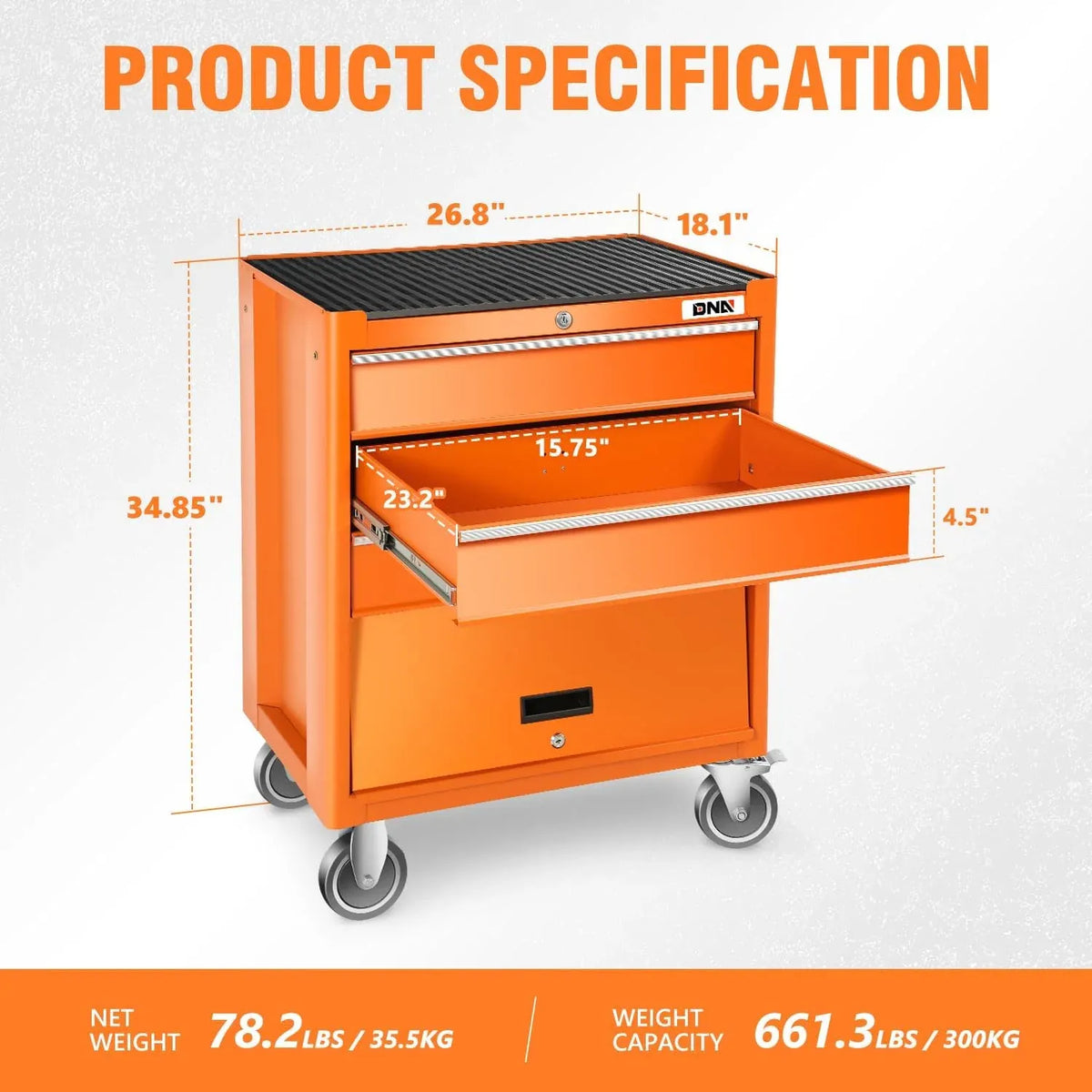 3-Drawer Rolling Tools Chest, Rolling Tool Storage Cabinet, Heavy Duty Mechanic Tool Cart, Trolley Organizer for Garage, Warehouse, Workshop, Orange, TOOLS-00400