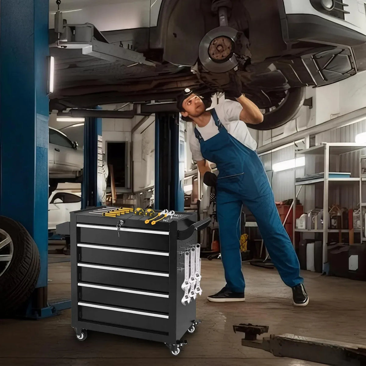 5 Drawers Rolling Tool Chest, Metal Tool Box with Lock Garage Storage Cabinets Sliding Tool Drawer Cart on Wheels Toolbox Organization Workbench for Workshop Warehouse Repair Shop