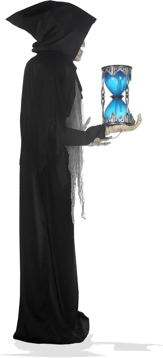 6.5ft Halloween Animatronic Grim Reaper, Mr. Grim Outdoor Halloween Decoration Standing Poseable Figure with Rotating Head, Light-up, Sound and Motion Activated