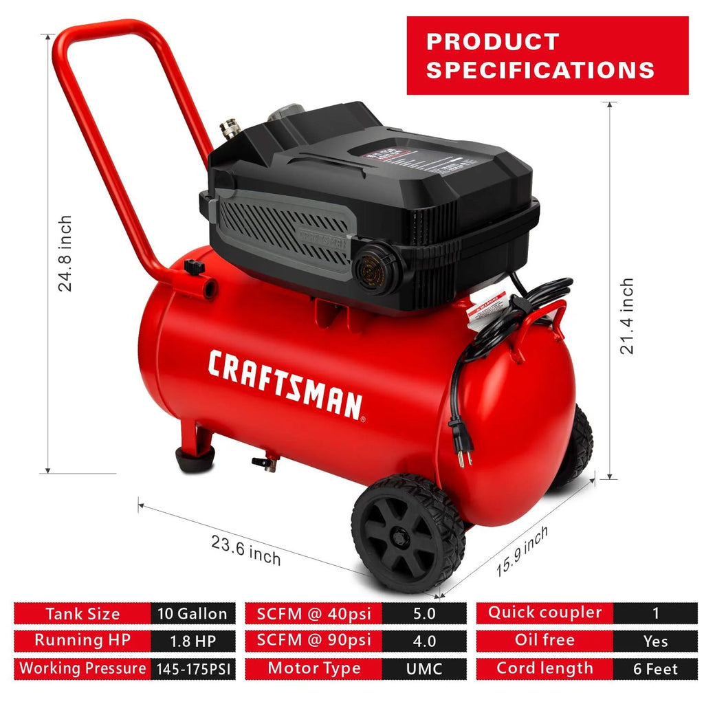 CRAFTSMAN HARD Air Compressor, 10 Gallon 1.8 HP 175 PSI, 4.0CFM@90PSI, Oil Free and Maintenance Free, Portable with Large Wheels, CMXECXA0201041